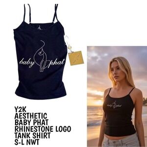 Y2K Baby Phat black rhinestone cat logo stretchy top tank top size small-large